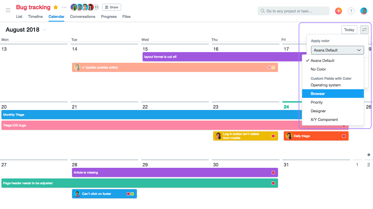 Visualização de Calendário do Asana